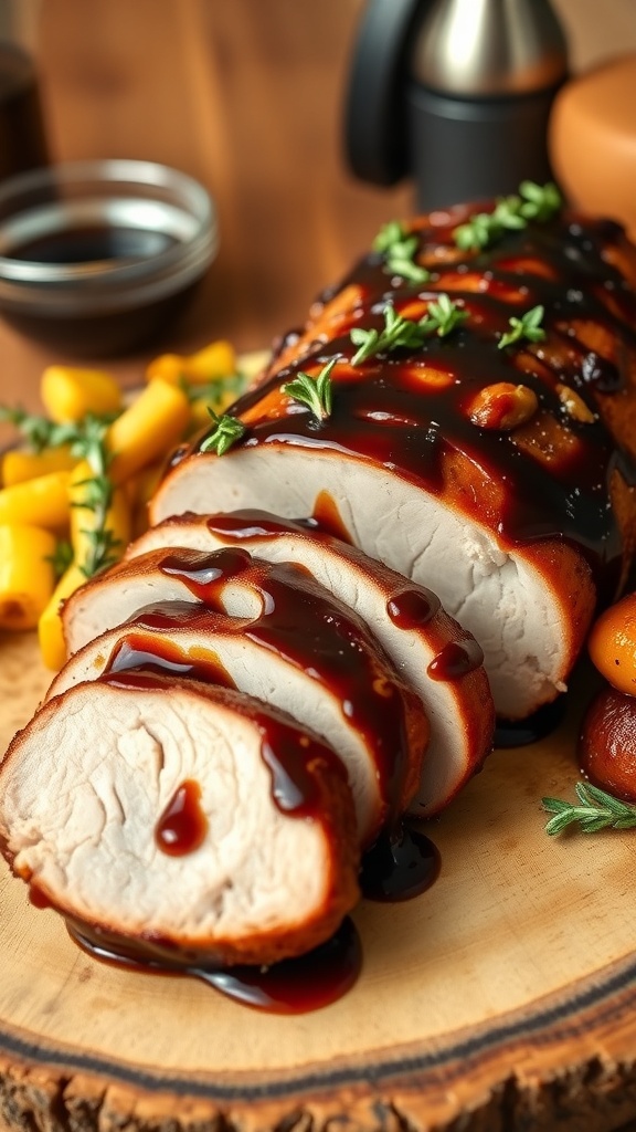 Sliced balsamic glazed pork tenderloin on a wooden board, garnished with thyme and served with roasted vegetables.